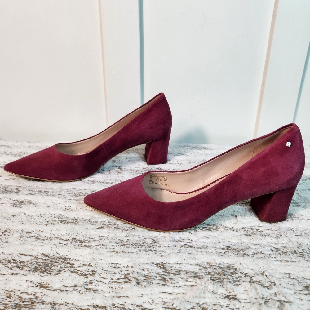 Kate Spade "Moulin" Fuschia Suede Pumps Block Heel Designer | Women's Size 7B - Picture 8 of 13